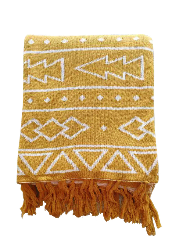 Βαμβακερή πλεκτή κουβέρτα με φούντες, γεωμετρικό σχέδιο, 1,41 kg, ελαφρύς πολυτελής στυλ, Τέσσερις Εποχές