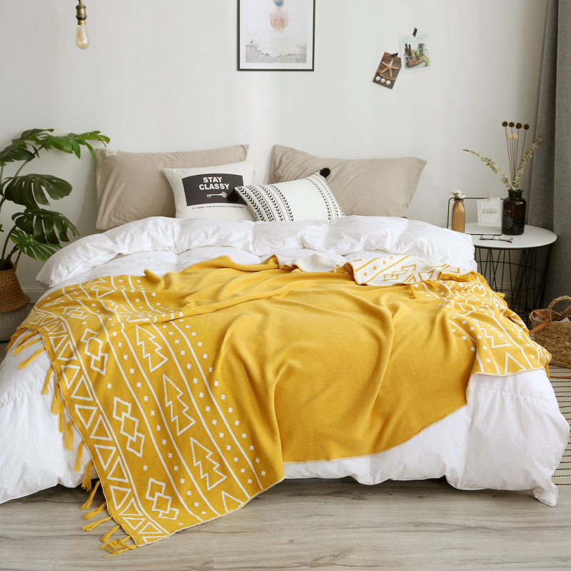 Βαμβακερή πλεκτή κουβέρτα με φούντες, γεωμετρικό σχέδιο, 1,41 kg, ελαφρύς πολυτελής στυλ, Τέσσερις Εποχές