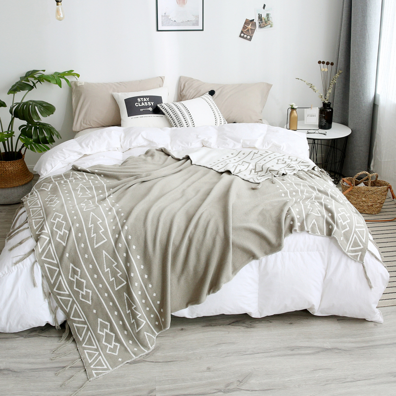 Βαμβακερή πλεκτή κουβέρτα με φούντες, γεωμετρικό σχέδιο, 1,41 kg, ελαφρύς πολυτελής στυλ, Τέσσερις Εποχές