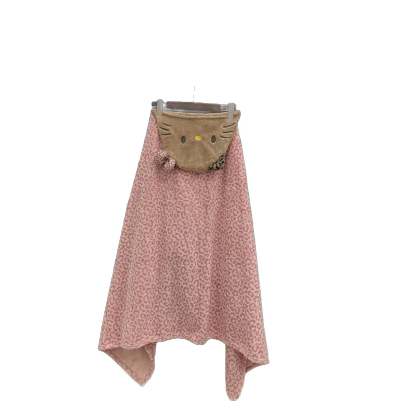 Ogrtač za kupanje s kapuljom, leopard uzorak, crtani mačak, koralni flekse, nosivi ručnik za kupanje — Princess serija, poliester, 260 g, zima