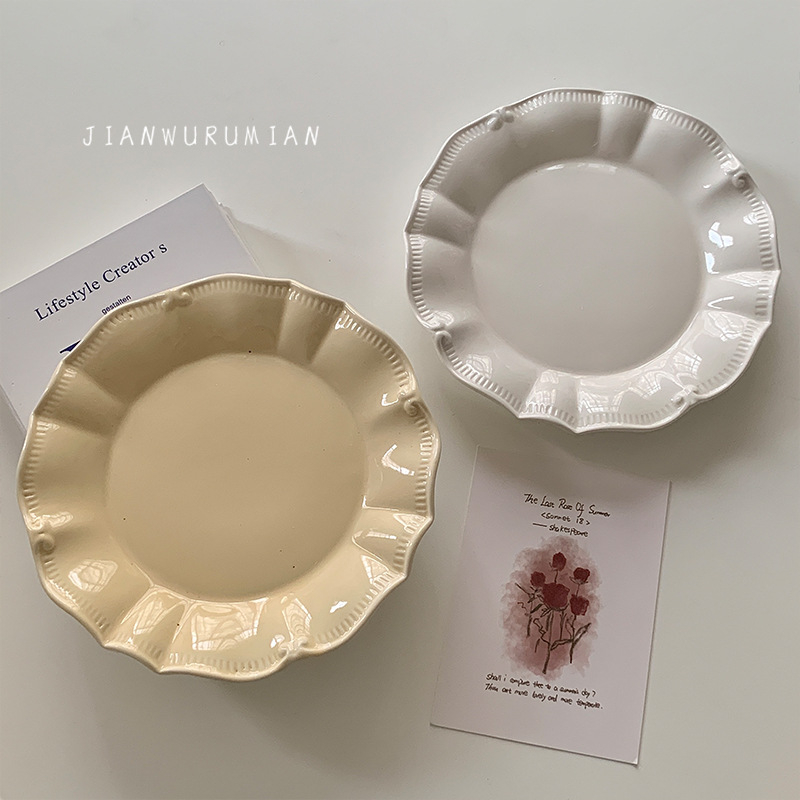 Порцеланова чиния с неравна релефна текстура, френски стил, кръгла форма, подходяща за микровълнова печка