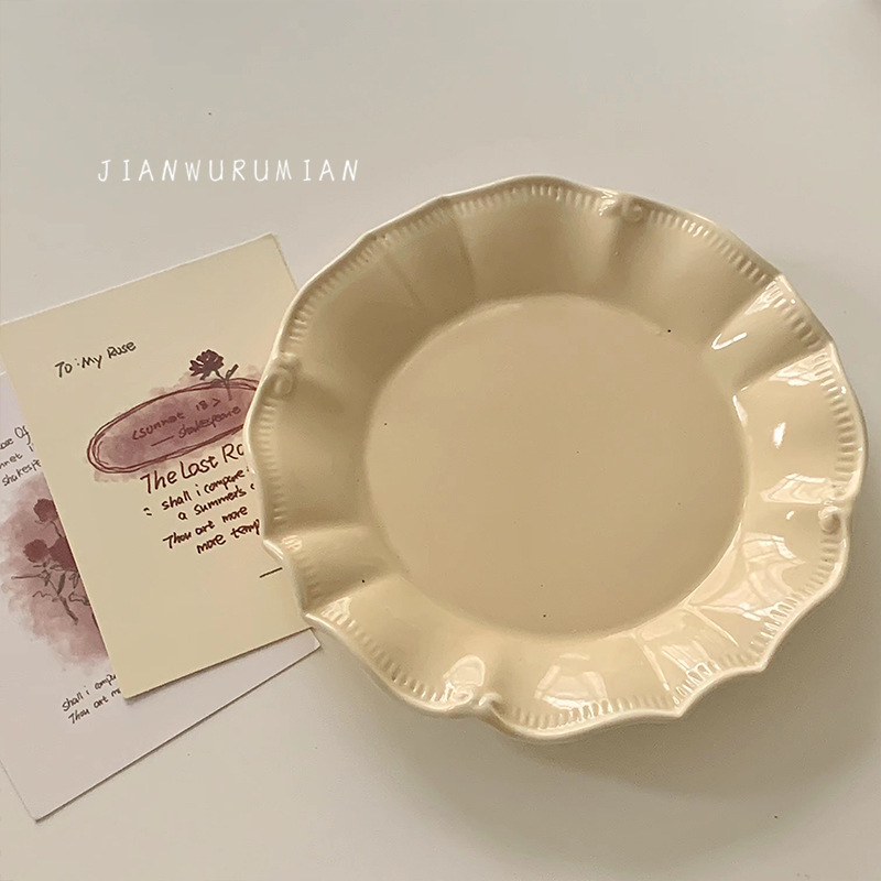 Порцеланова чиния с неравна релефна текстура, френски стил, кръгла форма, подходяща за микровълнова печка