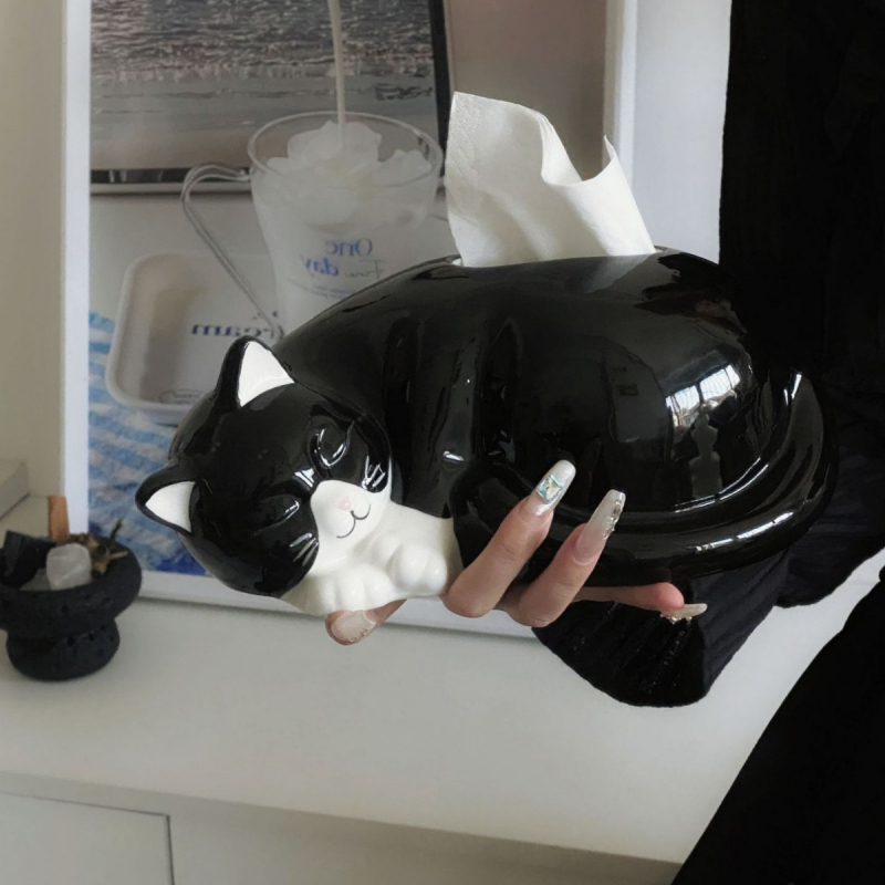 Керамична кутия за салфетки с котешки мотив, модерен минималистичен стил, многофункционален декоративен аксесоар за дневна.