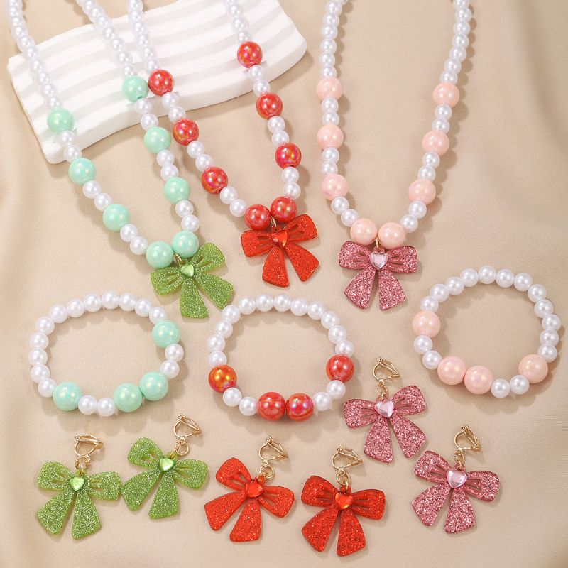 Комплект колие, обици и гривна в корейски стил, ръчна изработка, пластмасови мъниста AB, акрилна висулка с форма на панделка, дължина 51–80 cm, зима 2024