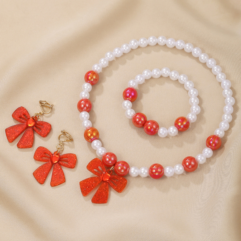 Комплект колие, обици и гривна в корейски стил, ръчна изработка, пластмасови мъниста AB, акрилна висулка с форма на панделка, дължина 51–80 cm, зима 2024