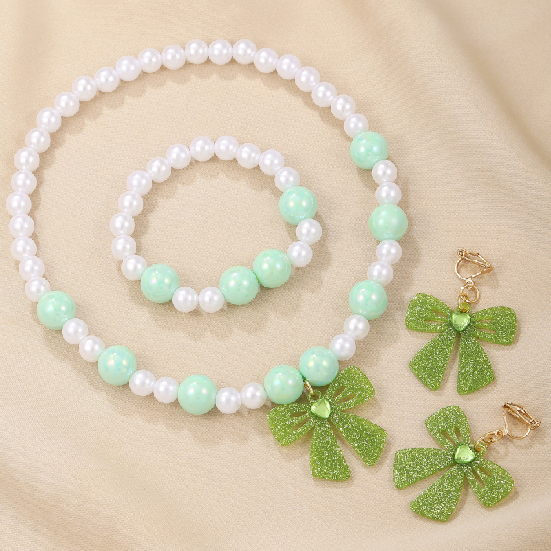 Комплект колие, обици и гривна в корейски стил, ръчна изработка, пластмасови мъниста AB, акрилна висулка с форма на панделка, дължина 51–80 cm, зима 2024