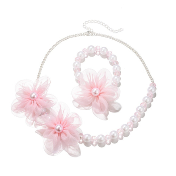 Детски комплект колие и гривна с имитационни перли, цветя във форма, висулка, карикатурен стил за деца, регулируема дължина.