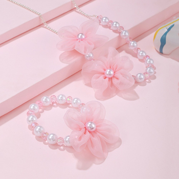 Детски комплект колие и гривна с имитационни перли, цветя във форма, висулка, карикатурен стил за деца, регулируема дължина.