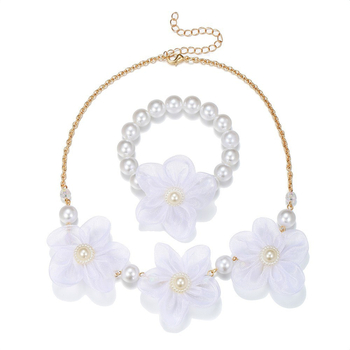 Детски комплект колие и гривна с имитационни перли, цветя във форма, висулка, карикатурен стил за деца, регулируема дължина.