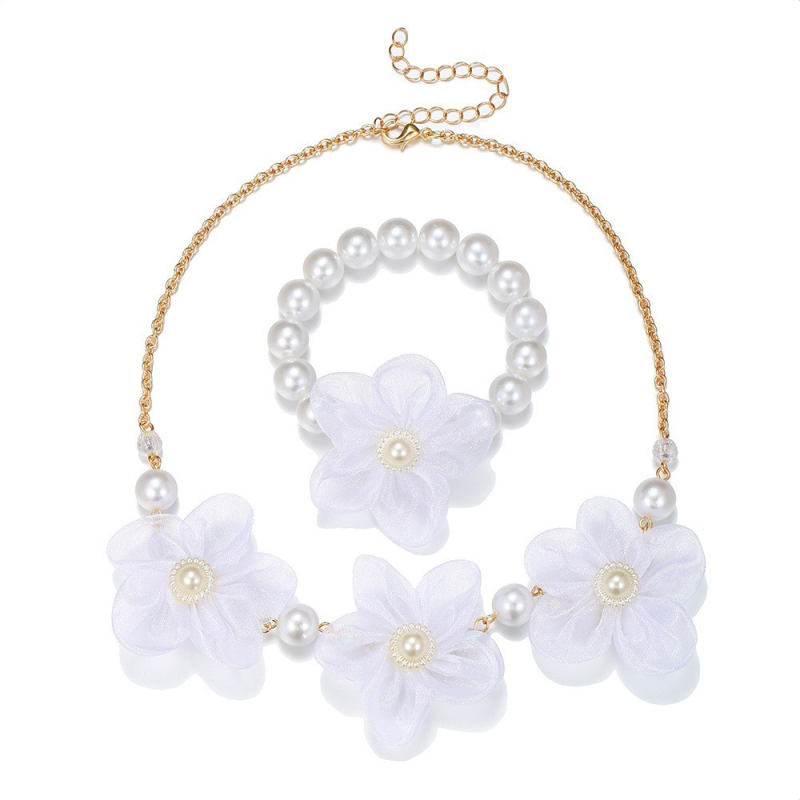 Детски комплект колие и гривна с имитационни перли, цветя във форма, висулка, карикатурен стил за деца, регулируема дължина.