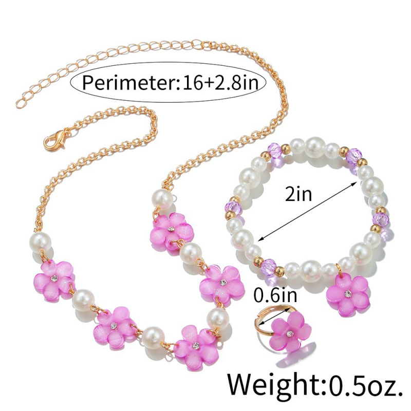 Детски комплект колие и гривна с имитационни перли, цветя във форма, висулка, карикатурен стил за деца, регулируема дължина.
