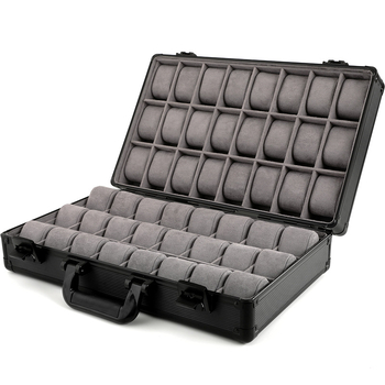 Кутия за съхранение на часовници JK07, материали: алуминиева сплав, PU кожа и кадифе; опаковка: куфар; капацитет: 48 слота