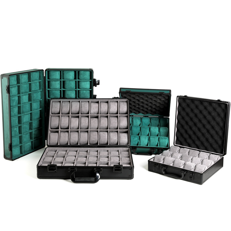 Кутия за съхранение на часовници JK07, материали: алуминиева сплав, PU кожа и кадифе; опаковка: куфар; капацитет: 48 слота