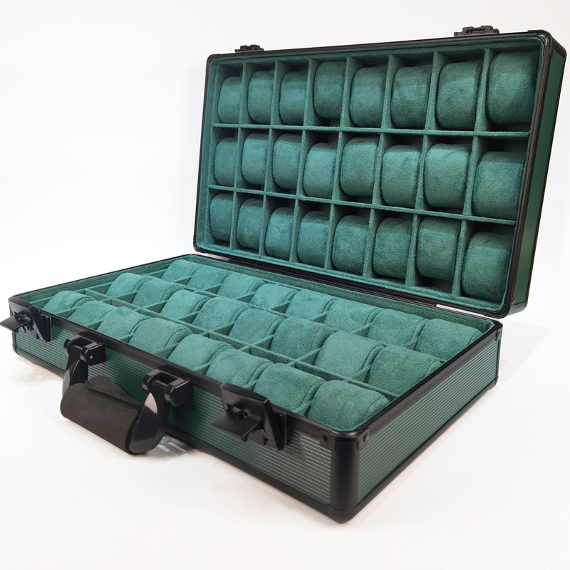 Кутия за съхранение на часовници JK07, материали: алуминиева сплав, PU кожа и кадифе; опаковка: куфар; капацитет: 48 слота