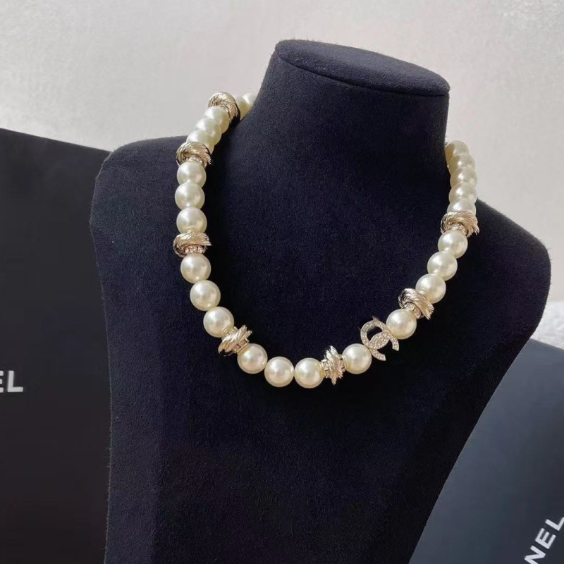 Colier unisex cu lanț cu perle în stil spliced-țintă, alamă + oțel alb electroplacat, pandantiv din cupru, electroplacare, stil lux discret
