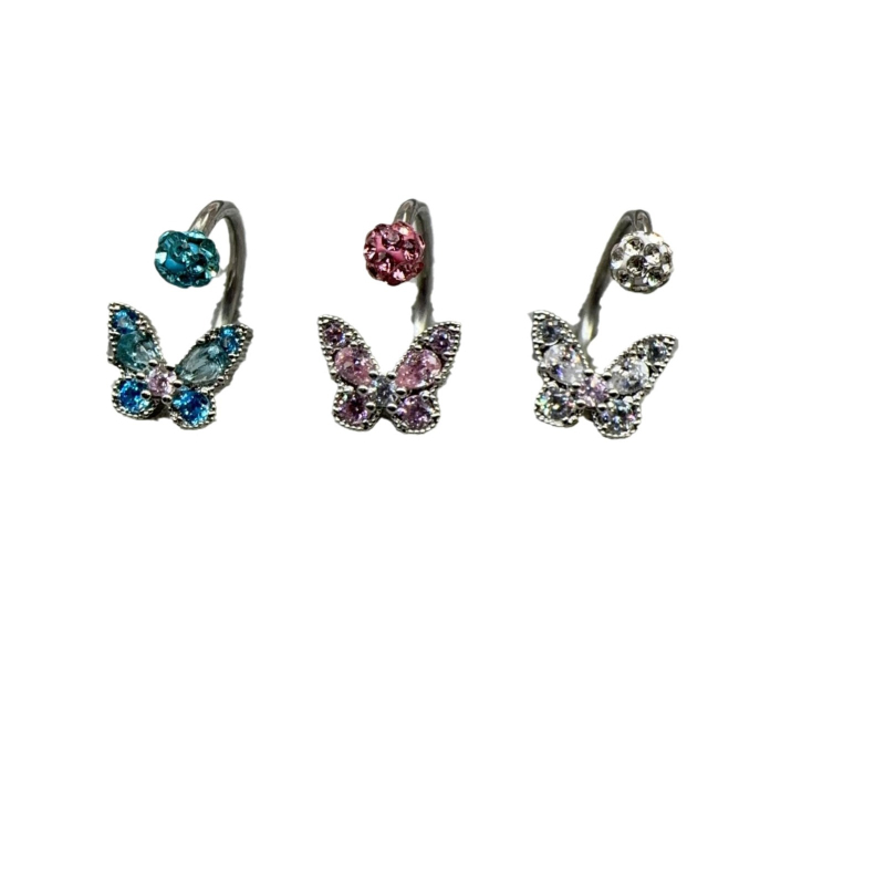 Ajakgyűrű gyémánt-bevonattal, motívum pillangó, háromszínű csillogás, titán acél piercing ékszer