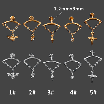 316L rozsdamentes acél ajak- és fül-stúd Zircon medállal — állat alakú: Spider/Bat, elektroplattázás, uniszex