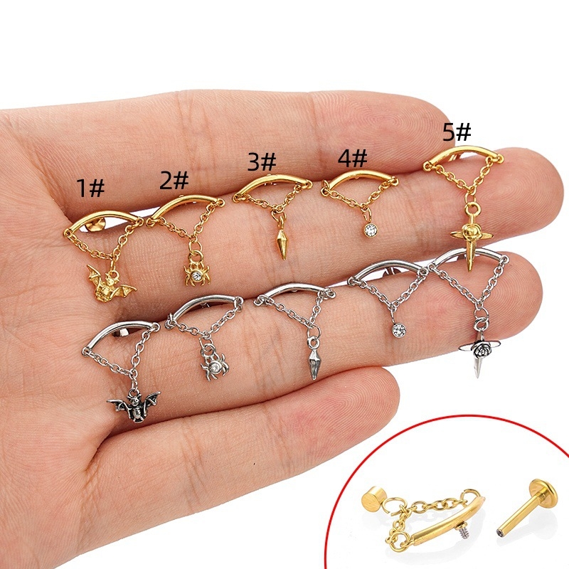 Știft pentru buze/urechi din oțel inoxidabil 316L, cu pendant Zircon — formă animal: Spider/Bat, placare electrochimică, unisex