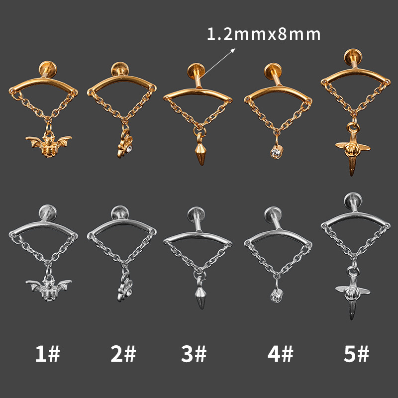 316L rozsdamentes acél ajak- és fül-stúd Zircon medállal — állat alakú: Spider/Bat, elektroplattázás, uniszex