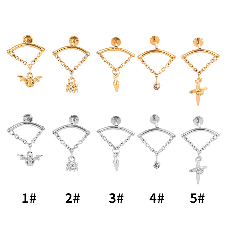 316L rozsdamentes acél ajak- és fül-stúd Zircon medállal — állat alakú: Spider/Bat, elektroplattázás, uniszex