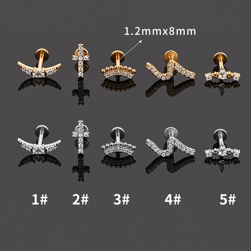 316L rozsdamentes acél – hold alakú, kubikus cirkónium, belső fül piercing, lapos hátú