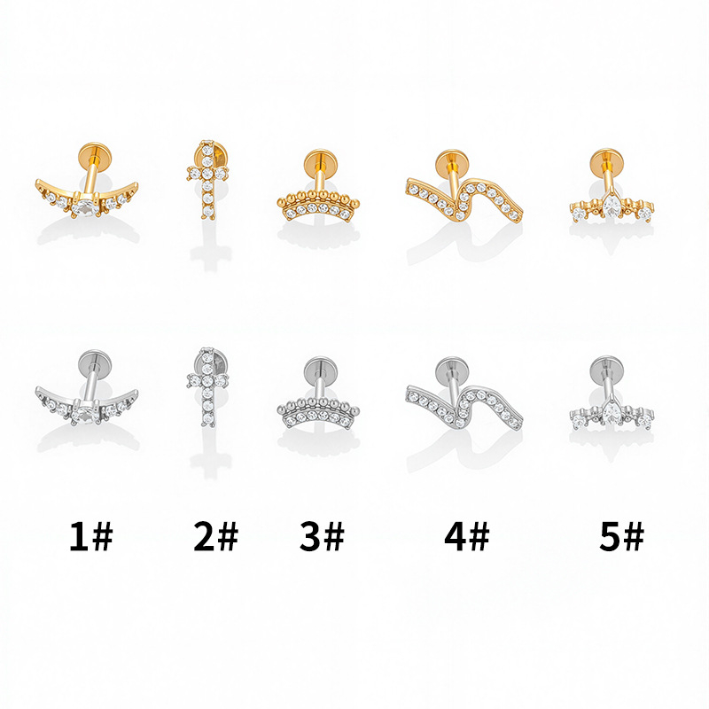 316L rozsdamentes acél – hold alakú, kubikus cirkónium, belső fül piercing, lapos hátú