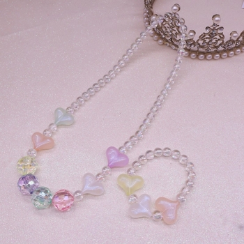 Детски комплект огърлица и гривна, акрил, ръчна изработка, сърцевиден дизайн, за деца 6–10 г и над 10 г