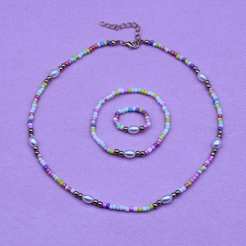 Детски комплект: колие и гривна с пеперудна висулка, оризови мъниста, ланец с топчета, пластмаса/смола, висулка от сплав, за деца 3–10 г