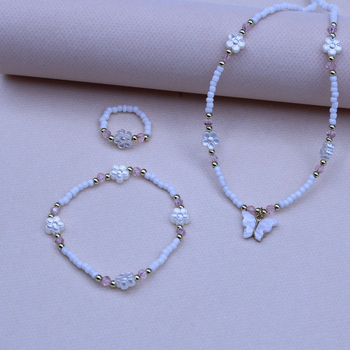 Детски комплект: колие и гривна с пеперудна висулка, оризови мъниста, ланец с топчета, пластмаса/смола, висулка от сплав, за деца 3–10 г