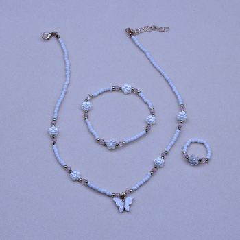 Детски комплект: колие и гривна с пеперудна висулка, оризови мъниста, ланец с топчета, пластмаса/смола, висулка от сплав, за деца 3–10 г