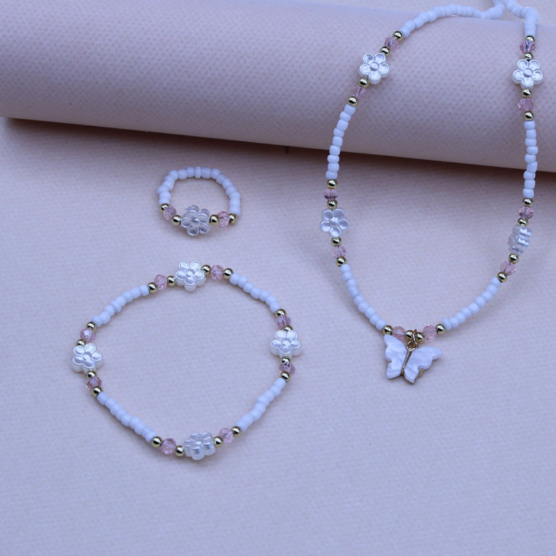 Детски комплект: колие и гривна с пеперудна висулка, оризови мъниста, ланец с топчета, пластмаса/смола, висулка от сплав, за деца 3–10 г