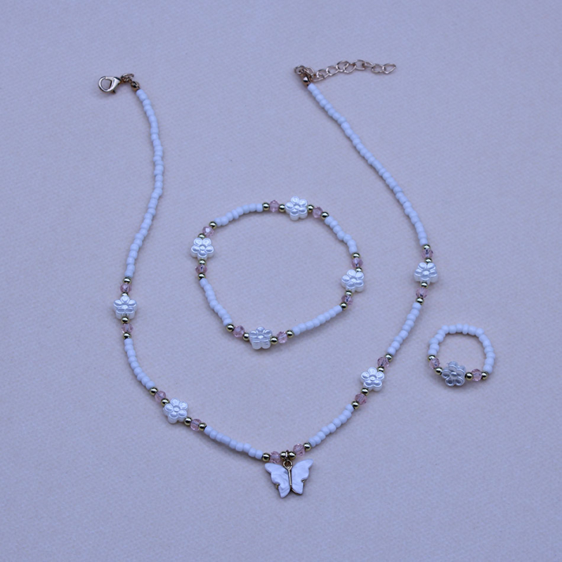 Детски комплект: колие и гривна с пеперудна висулка, оризови мъниста, ланец с топчета, пластмаса/смола, висулка от сплав, за деца 3–10 г