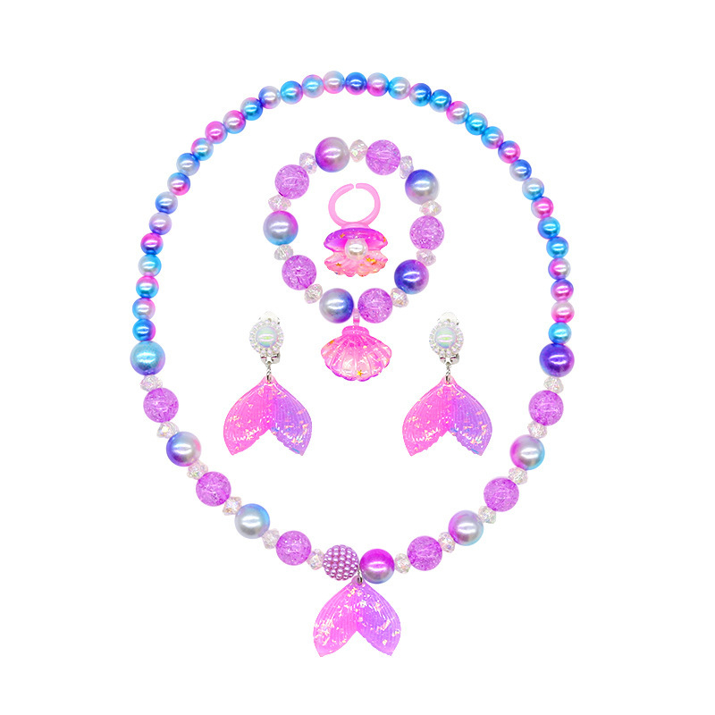 Комплект детски бижута: огърлица, пръстен и обеци с ракушка и опашка на русалка; материал пластмаса/смола; за деца; възраст 3–6, 6–10 и над 10 години; стартира пролет 2024