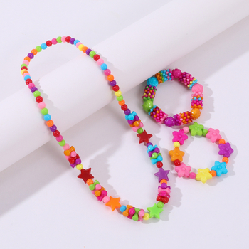 Gyermekeknek készülő karkötő és nyaklánc készlet, akril gyöngyök, kézzel készített gyöngyözés, virág- és csillagmintás, karkötő és nyaklánc együtt, 3–10 éveseknek