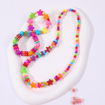 Gyermekeknek készülő karkötő és nyaklánc készlet, akril gyöngyök, kézzel készített gyöngyözés, virág- és csillagmintás, karkötő és nyaklánc együtt, 3–10 éveseknek