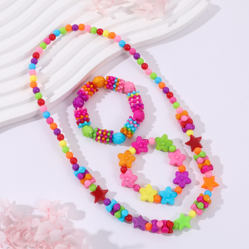 Gyermekeknek készülő karkötő és nyaklánc készlet, akril gyöngyök, kézzel készített gyöngyözés, virág- és csillagmintás, karkötő és nyaklánc együtt, 3–10 éveseknek