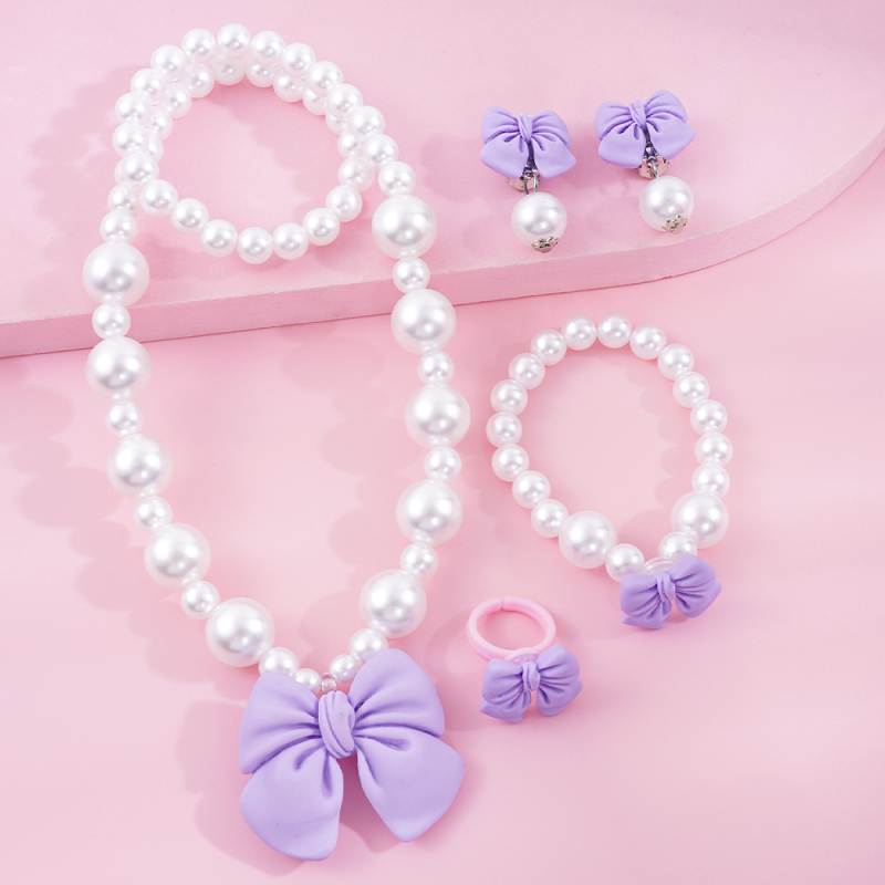 Set copii Bow-Tie: colier din mărgele acrilice, include cercei și brățară, lanț cu bile