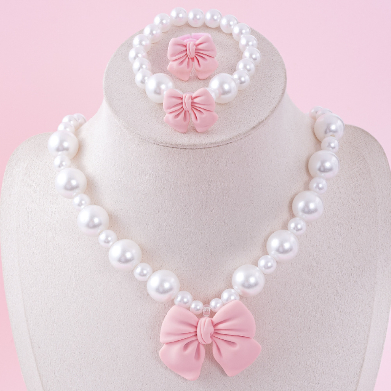 Set copii Bow-Tie: colier din mărgele acrilice, include cercei și brățară, lanț cu bile