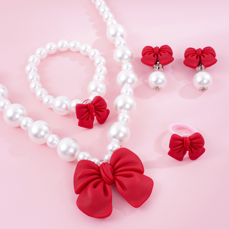 Set copii Bow-Tie: colier din mărgele acrilice, include cercei și brățară, lanț cu bile