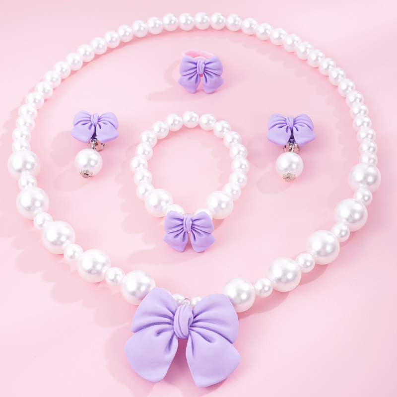 Set copii Bow-Tie: colier din mărgele acrilice, include cercei și brățară, lanț cu bile