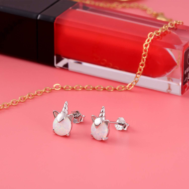 Σκουλαρίκια από Ασήμι 925 με Οπάλ και Μονόκερο, Γεωμετρικός Σχεδιασμός, Πλατίνωση, Με Πολύτιμους Λίθους