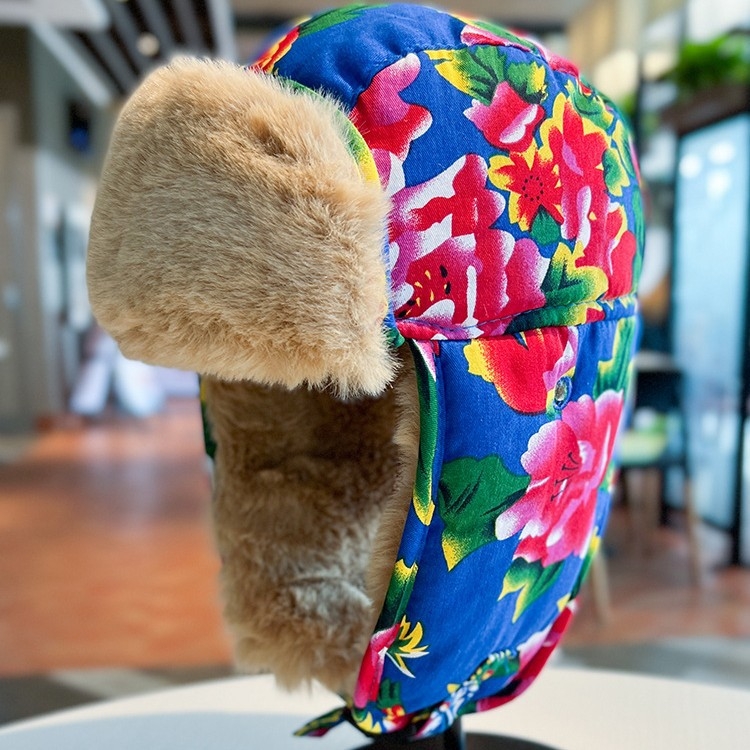 Šešir Lei Feng, etnički stil, velika cvjetna tkanina, zimska deblja fleece, otporna na vjetar, kapa s zaštitom za uši, pamučna kapa za djecu (4–6, 8–10 i preko 10 godina)