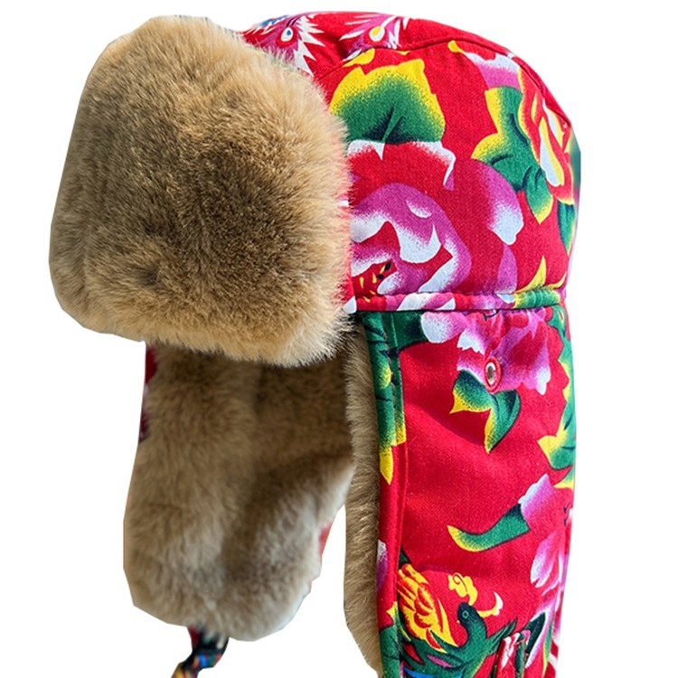 Šešir Lei Feng, etnički stil, velika cvjetna tkanina, zimska deblja fleece, otporna na vjetar, kapa s zaštitom za uši, pamučna kapa za djecu (4–6, 8–10 i preko 10 godina)