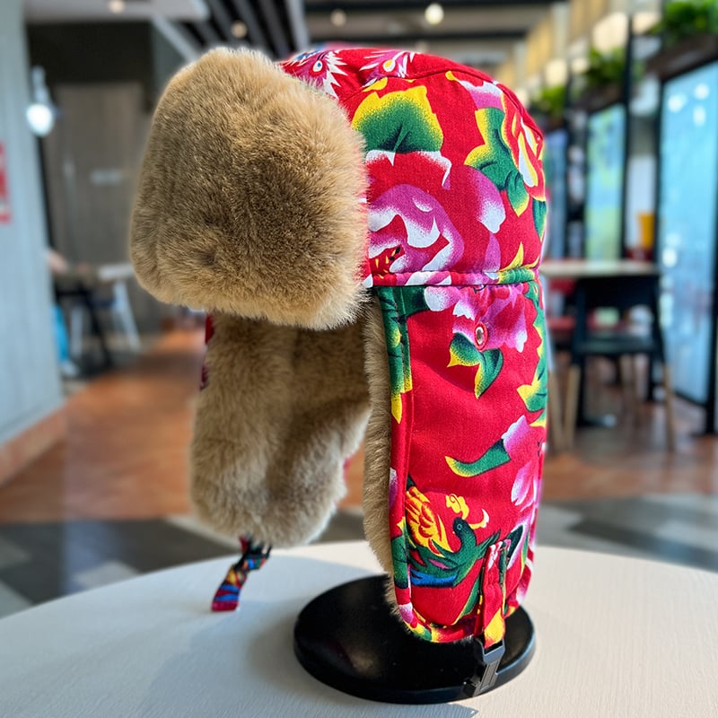 Šešir Lei Feng, etnički stil, velika cvjetna tkanina, zimska deblja fleece, otporna na vjetar, kapa s zaštitom za uši, pamučna kapa za djecu (4–6, 8–10 i preko 10 godina)