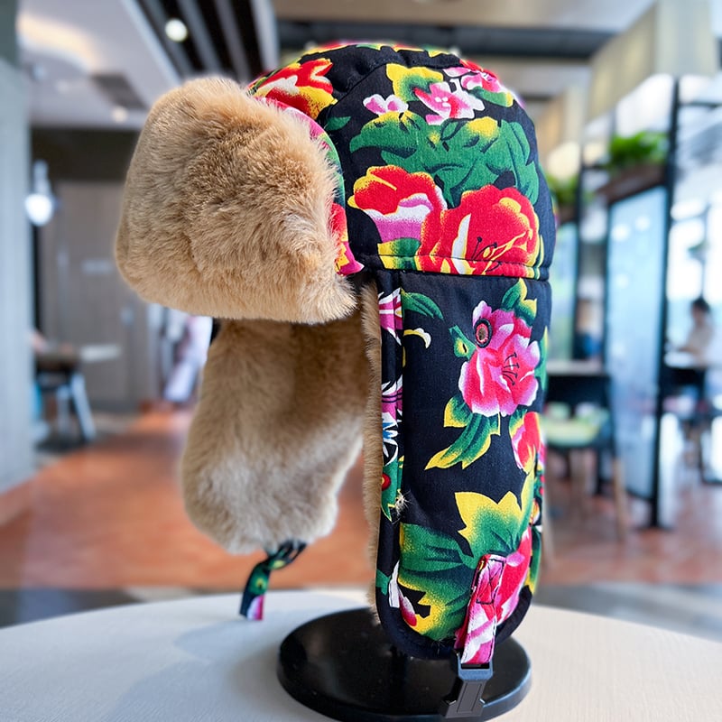 Šešir Lei Feng, etnički stil, velika cvjetna tkanina, zimska deblja fleece, otporna na vjetar, kapa s zaštitom za uši, pamučna kapa za djecu (4–6, 8–10 i preko 10 godina)