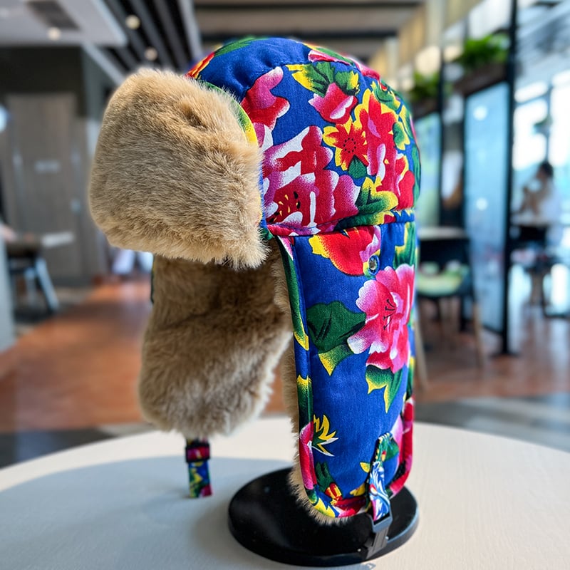 Šešir Lei Feng, etnički stil, velika cvjetna tkanina, zimska deblja fleece, otporna na vjetar, kapa s zaštitom za uši, pamučna kapa za djecu (4–6, 8–10 i preko 10 godina)
