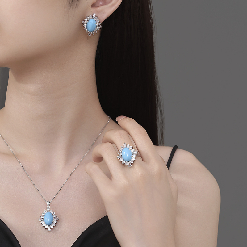 Paraiba plavi cirkon imitacijski set nakita – vintage euro-američki stil, privjesak, prsten, naušnice
