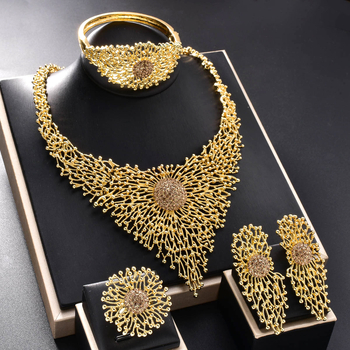 Set de bijuterii pentru mireasă: placat cu aur, cu rhinestone încrustat, colier, cercei, brățară și inel, pe lanț răsucit, design geometric, primăvara 2025, pentru femei