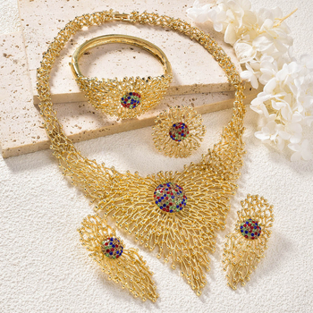 Set de bijuterii pentru mireasă: placat cu aur, cu rhinestone încrustat, colier, cercei, brățară și inel, pe lanț răsucit, design geometric, primăvara 2025, pentru femei