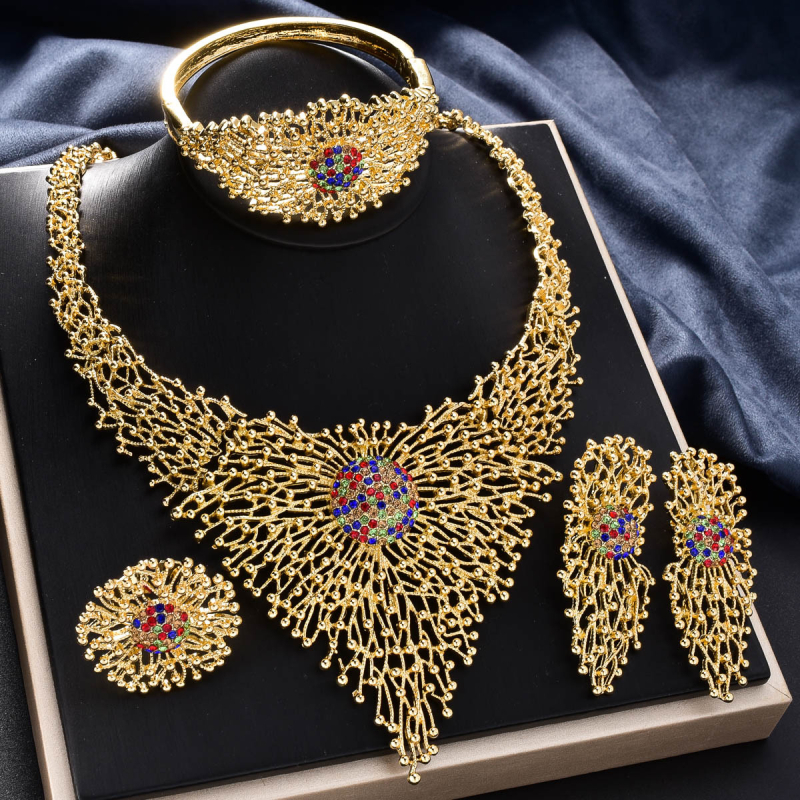 Set de bijuterii pentru mireasă: placat cu aur, cu rhinestone încrustat, colier, cercei, brățară și inel, pe lanț răsucit, design geometric, primăvara 2025, pentru femei